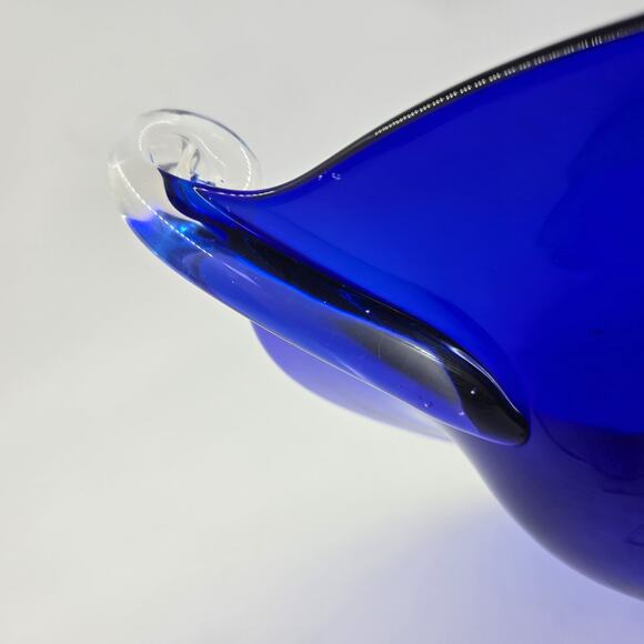 Hand Blown Cobalt Blue Glass Pedestal Bowl Footed Twist Handles Centerpiece 14” - Picture 6 of 6